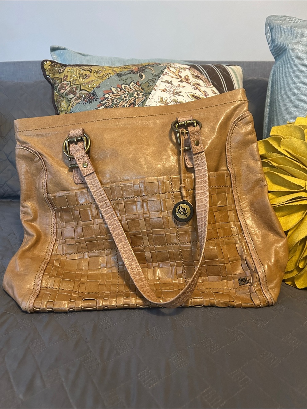 The Sak Cognac Woven Leather Tote